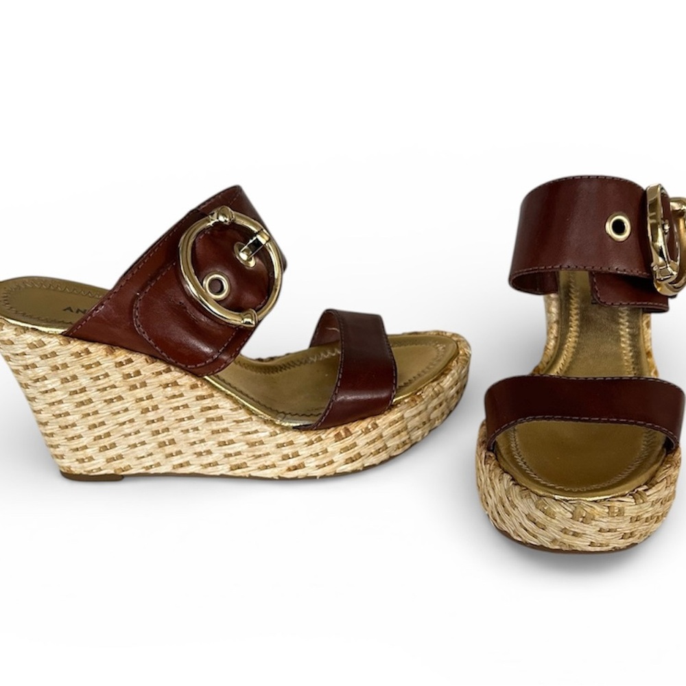 Antonio Melani Brown Leather Platform Wedge Sandals Gold Buckle Straw Sz 6M